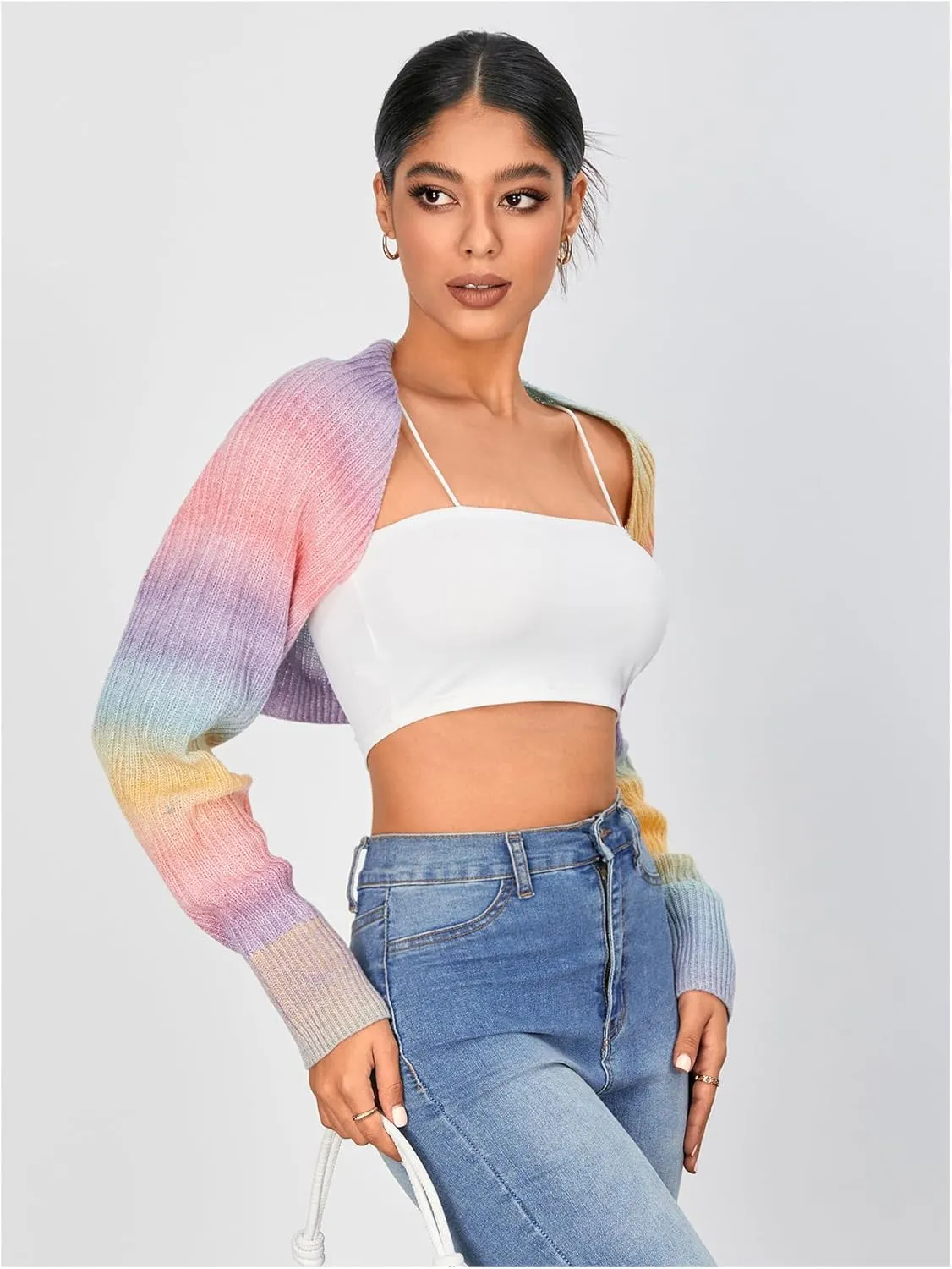 WDIRARA Women's Open Front Long Sleeve Crop Cardigan Bolero Shrugs Casual Knit Top