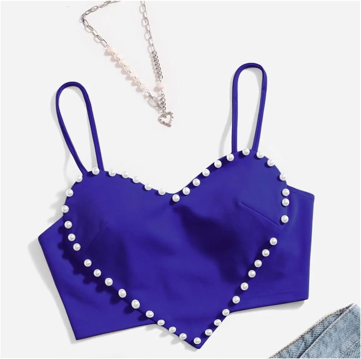 WDIRARA Women's Pearls Sleeveless Asymmetrical Hem Heart Crop Cami Top Sexy Camisole