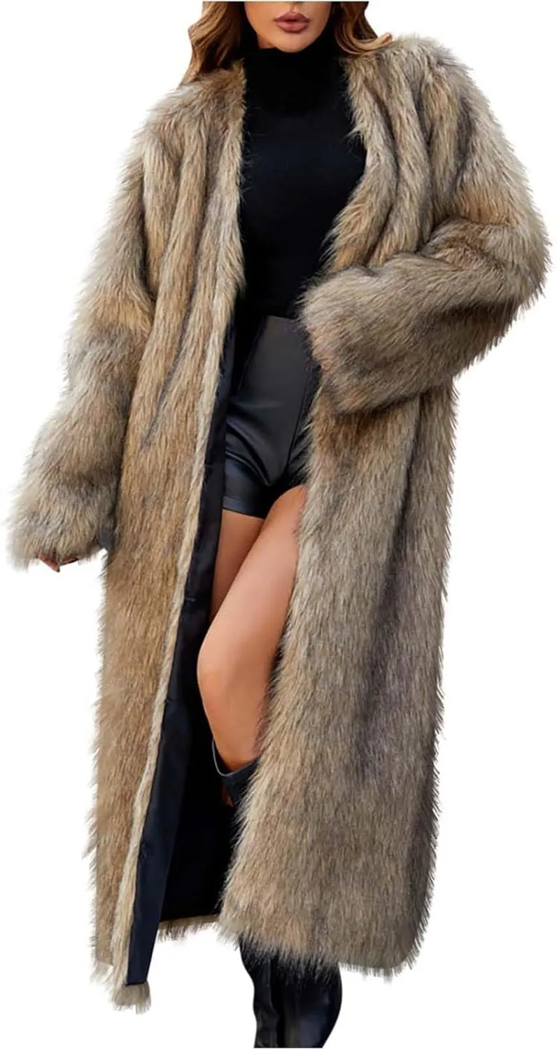 Winter Coats for Women Fashion Dressy Faux Fur Long Overcoat Open Front Warm Long Cardigan Fuzzy Sherpa Outfit
