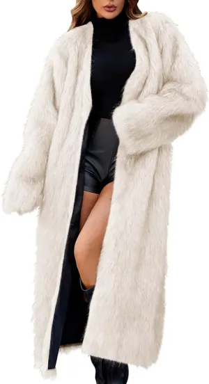 Winter Coats for Women Fashion Dressy Faux Fur Long Overcoat Open Front Warm Long Cardigan Fuzzy Sherpa Outfit