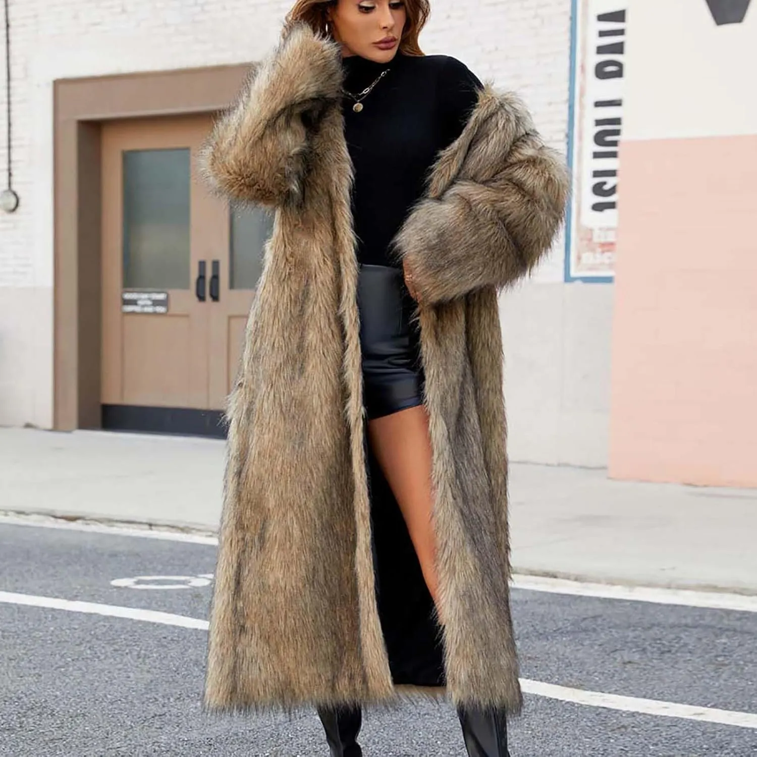 Winter Coats for Women Fashion Dressy Faux Fur Long Overcoat Open Front Warm Long Cardigan Fuzzy Sherpa Outfit