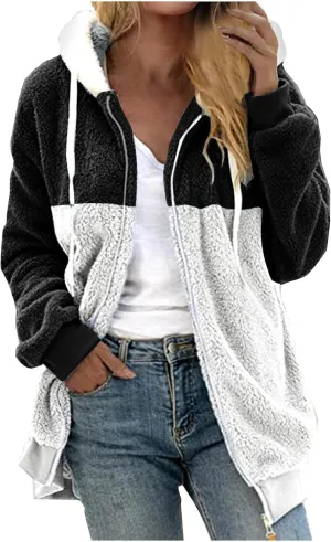 Winter Jackets for Women Fuzzy Fleece Hooded Cardigan Coats Color Block Patchwork Zip Up Oversized Hoodie Outwear