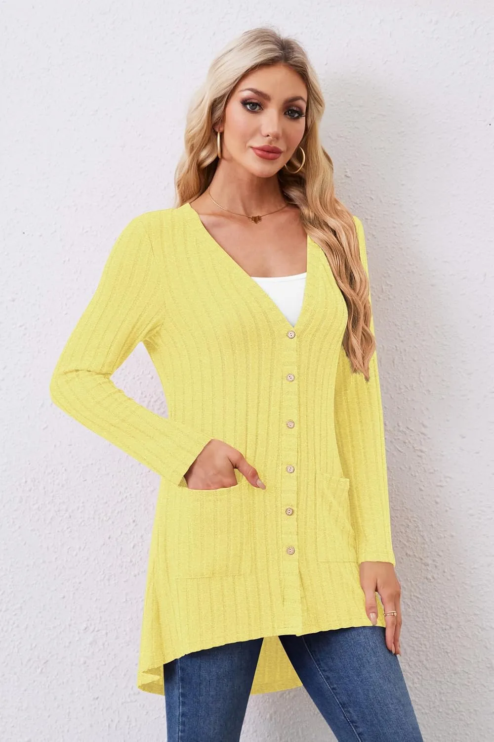Women Cardigans Open Front Lightweight Button Down Duster Long Cardigan Vertical Stripes Pockets for Casual Fall