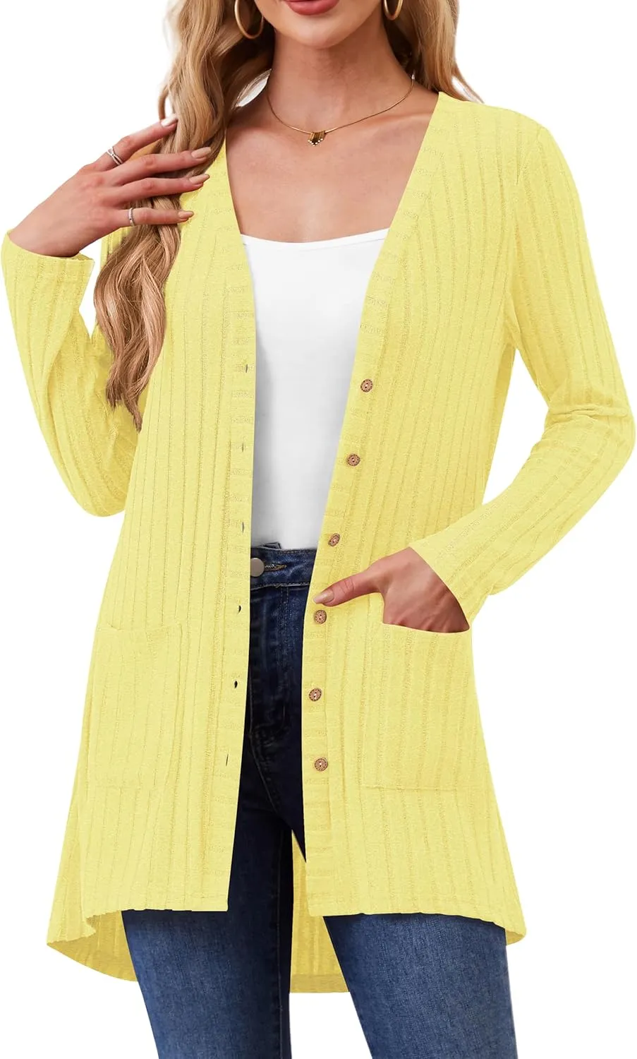 Women Cardigans Open Front Lightweight Button Down Duster Long Cardigan Vertical Stripes Pockets for Casual Fall