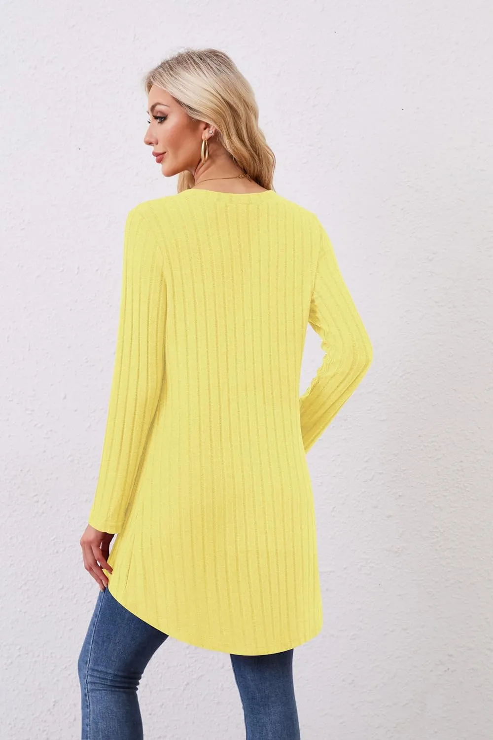 Women Cardigans Open Front Lightweight Button Down Duster Long Cardigan Vertical Stripes Pockets for Casual Fall