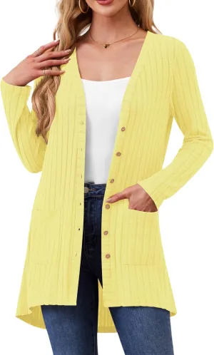 Women Cardigans Open Front Lightweight Button Down Duster Long Cardigan Vertical Stripes Pockets for Casual Fall