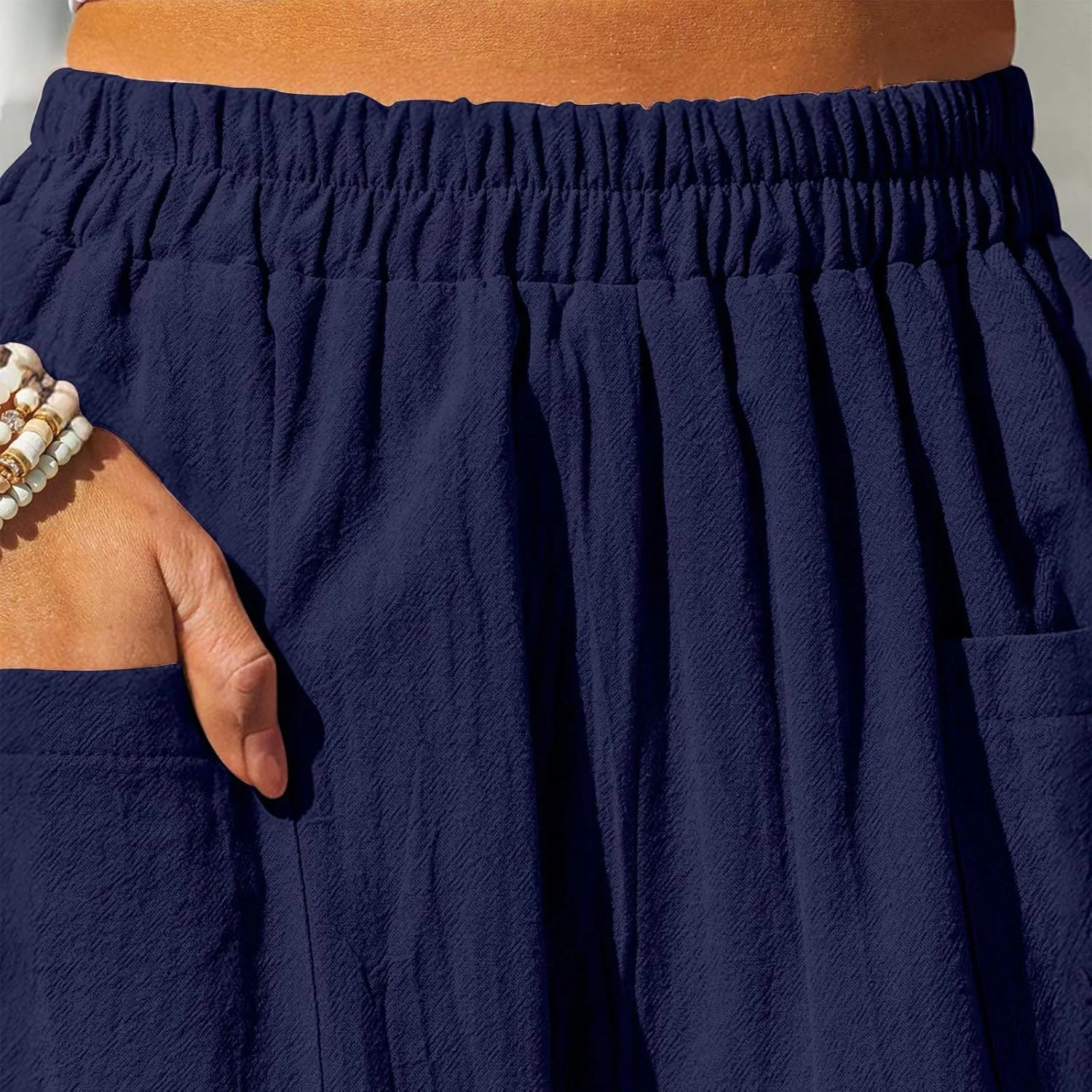 Women Cotton Linen Pants Patch Pocket Tapered Leg Elastic Waist Long Pant Casual Beach Trousers Solid Color Work Pant