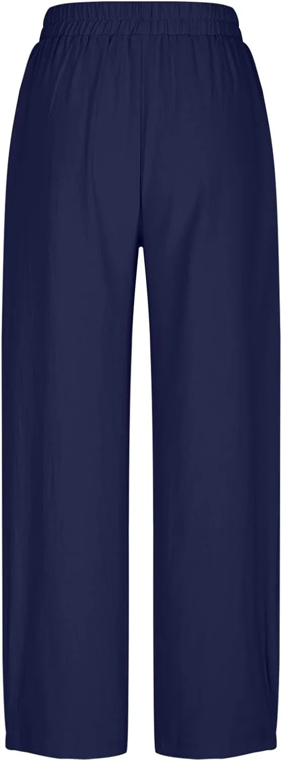 Women Cotton Linen Pants Patch Pocket Tapered Leg Elastic Waist Long Pant Casual Beach Trousers Solid Color Work Pant