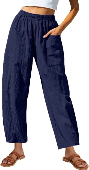 Women Cotton Linen Pants Patch Pocket Tapered Leg Elastic Waist Long Pant Casual Beach Trousers Solid Color Work Pant