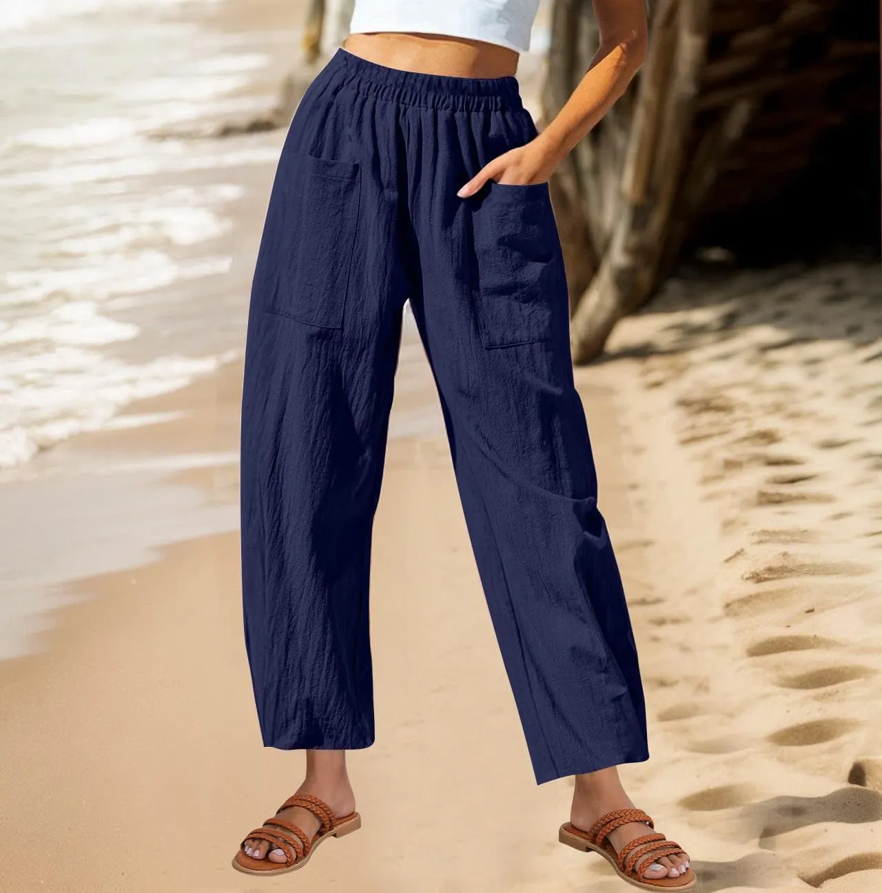 Women Cotton Linen Pants Patch Pocket Tapered Leg Elastic Waist Long Pant Casual Beach Trousers Solid Color Work Pant