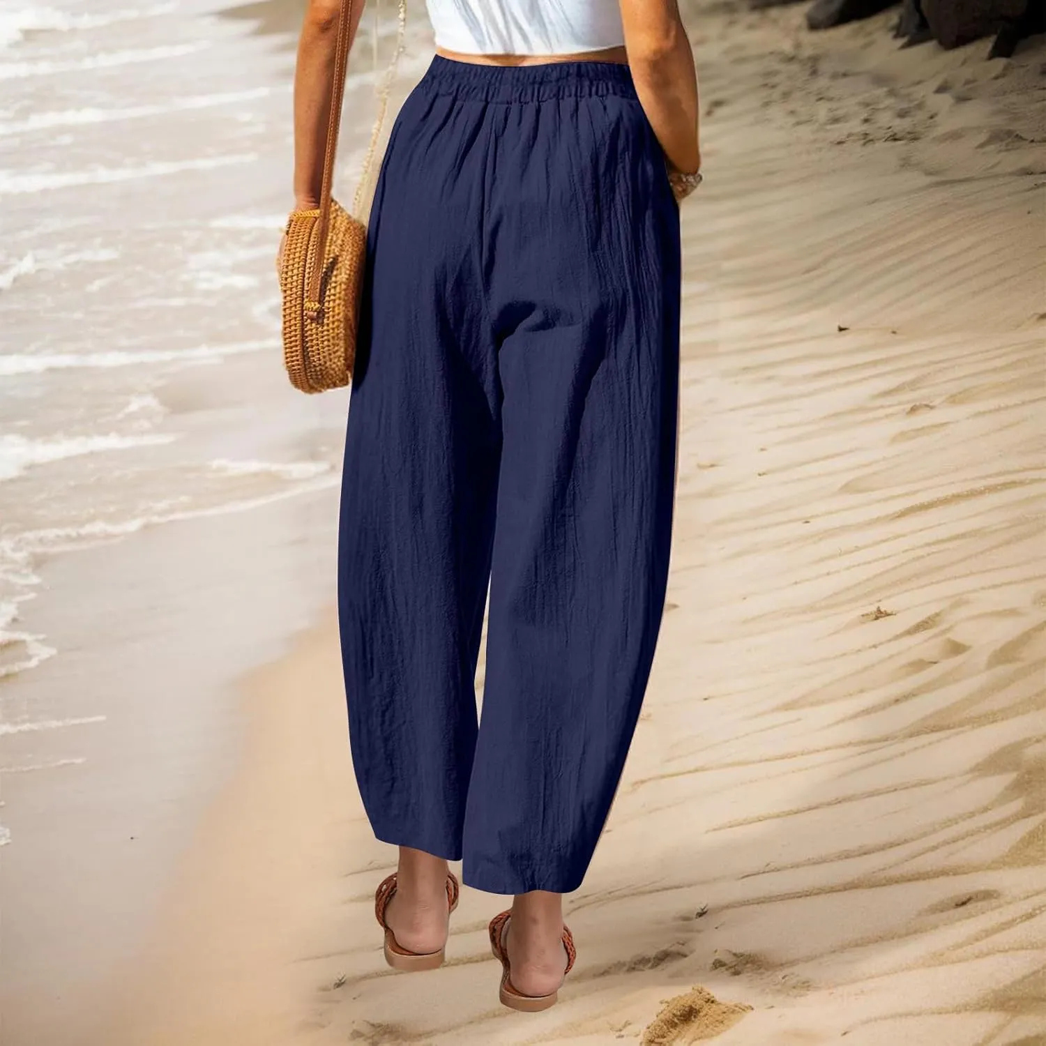 Women Cotton Linen Pants Patch Pocket Tapered Leg Elastic Waist Long Pant Casual Beach Trousers Solid Color Work Pant
