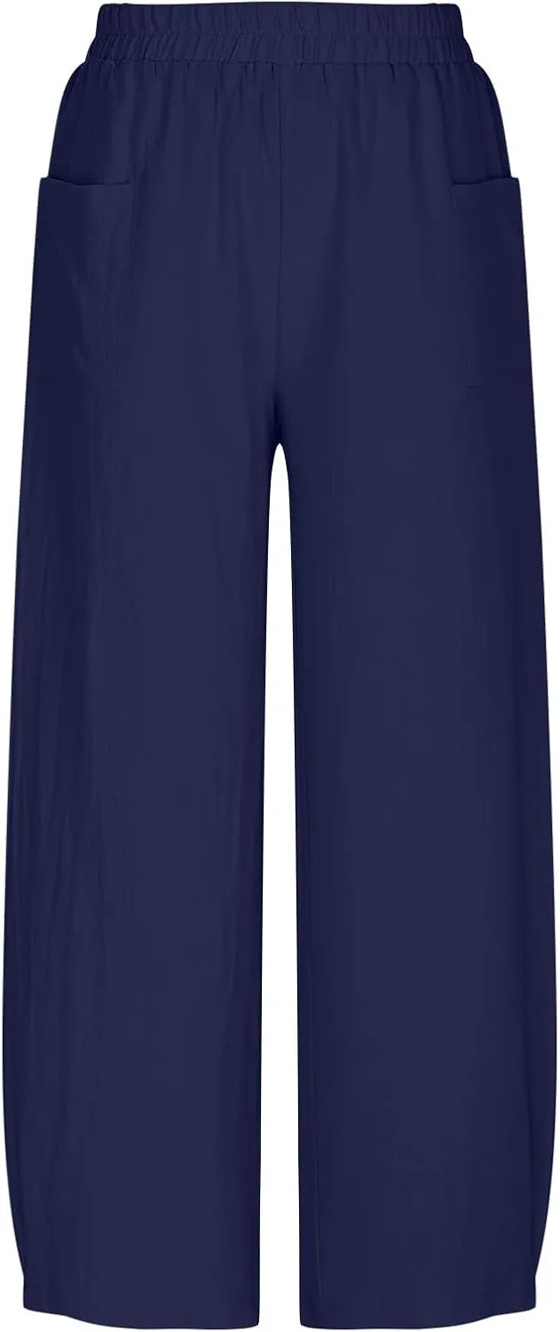 Women Cotton Linen Pants Patch Pocket Tapered Leg Elastic Waist Long Pant Casual Beach Trousers Solid Color Work Pant