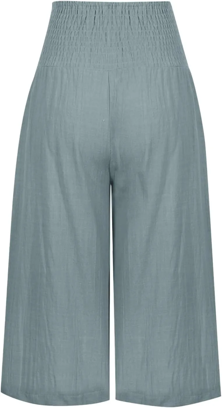 Women Linen Blend Summer Loose Pants Low Waist Baggy Stretchy Slim Fit Pant Trousers Business Work