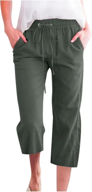 Women Linen Blend Summer Loose Pants Low Waist Baggy Stretchy Slim Fit Pant Trousers Business Work