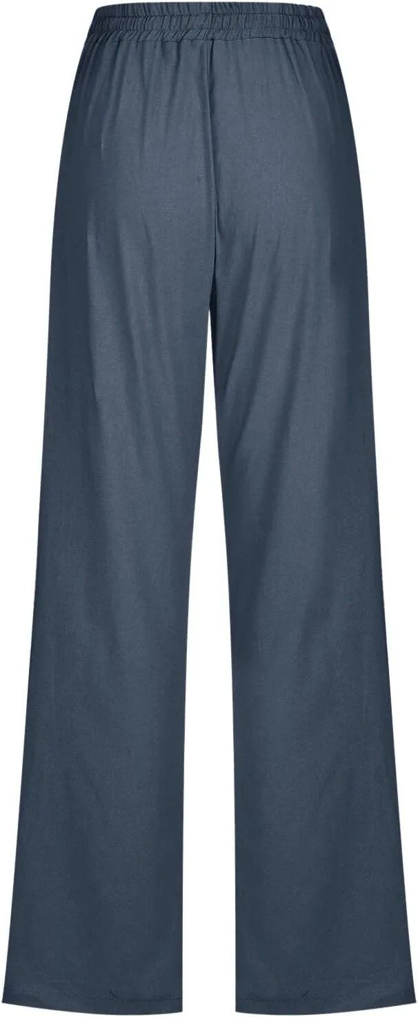 Women Linen Summer Casual Flowy Palazzo Pants Elastic Waist Lounge Pants Loose Fit Pants Beach