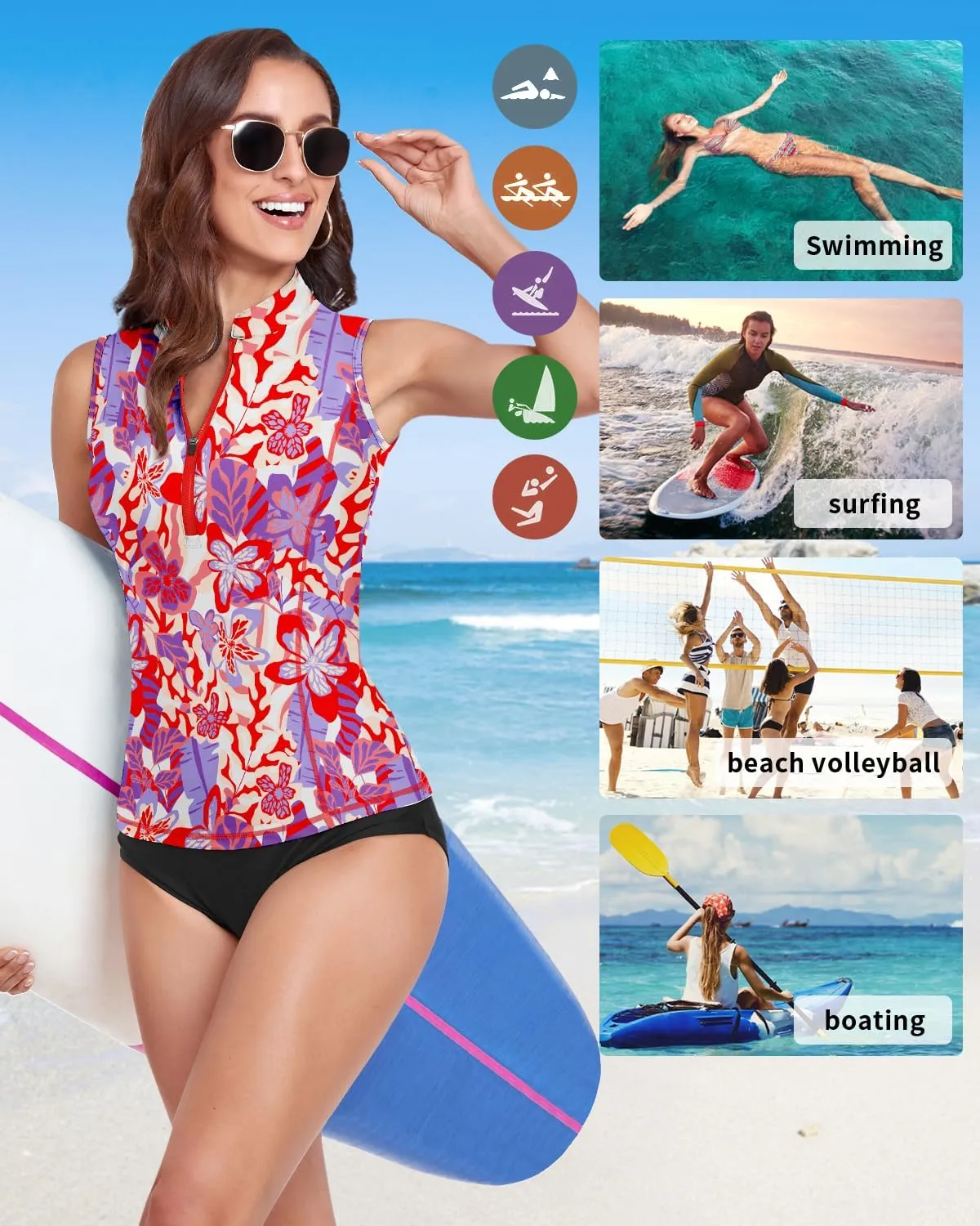 Women Rash Guard Tank Top Swim Shirts UV Sun Protection Surfing Swimsuits Top Zipper Bathing Suit Built in Bra No Bottoms