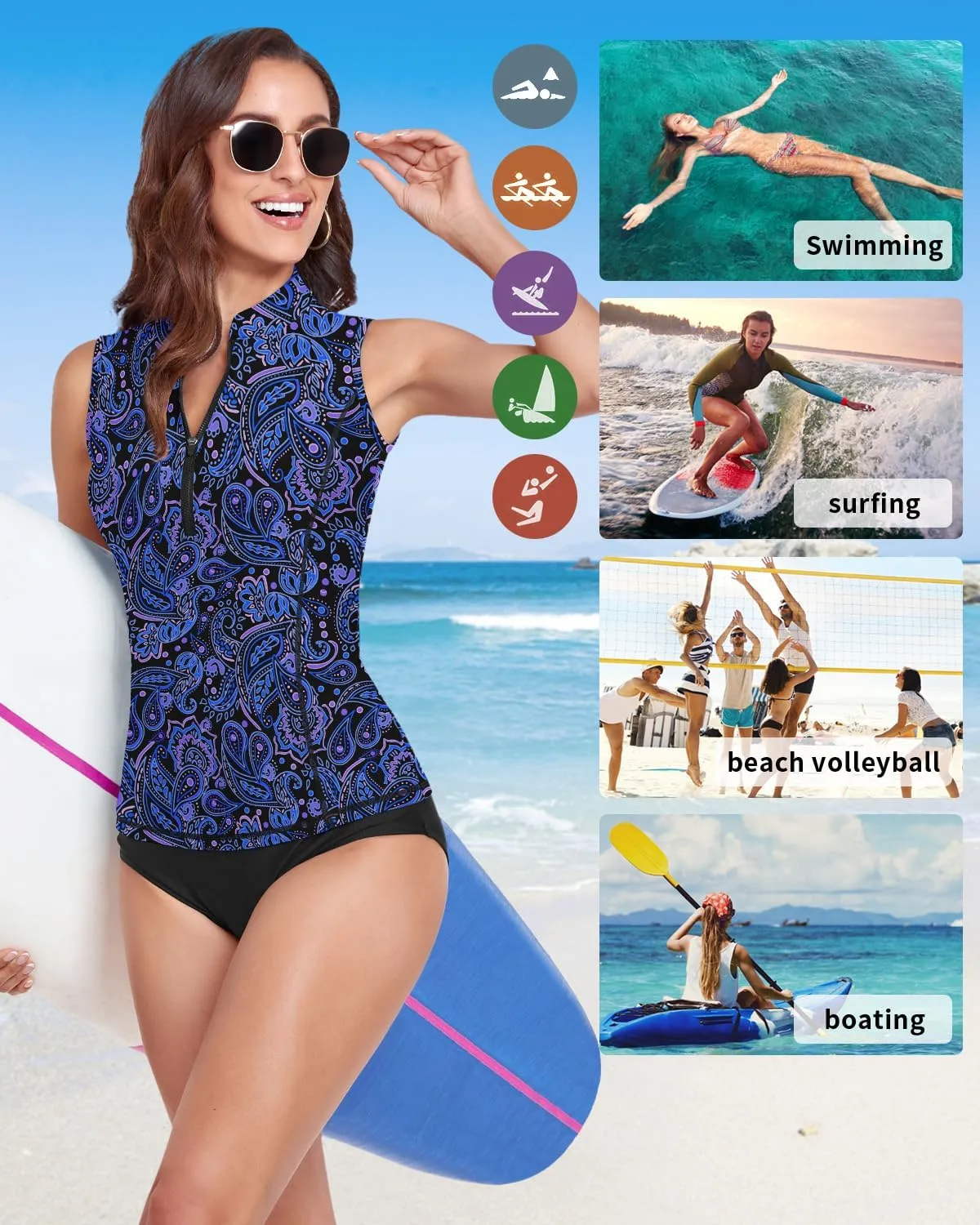 Women Rash Guard Tank Top Swim Shirts UV Sun Protection Surfing Swimsuits Top Zipper Bathing Suit Built in Bra No Bottoms