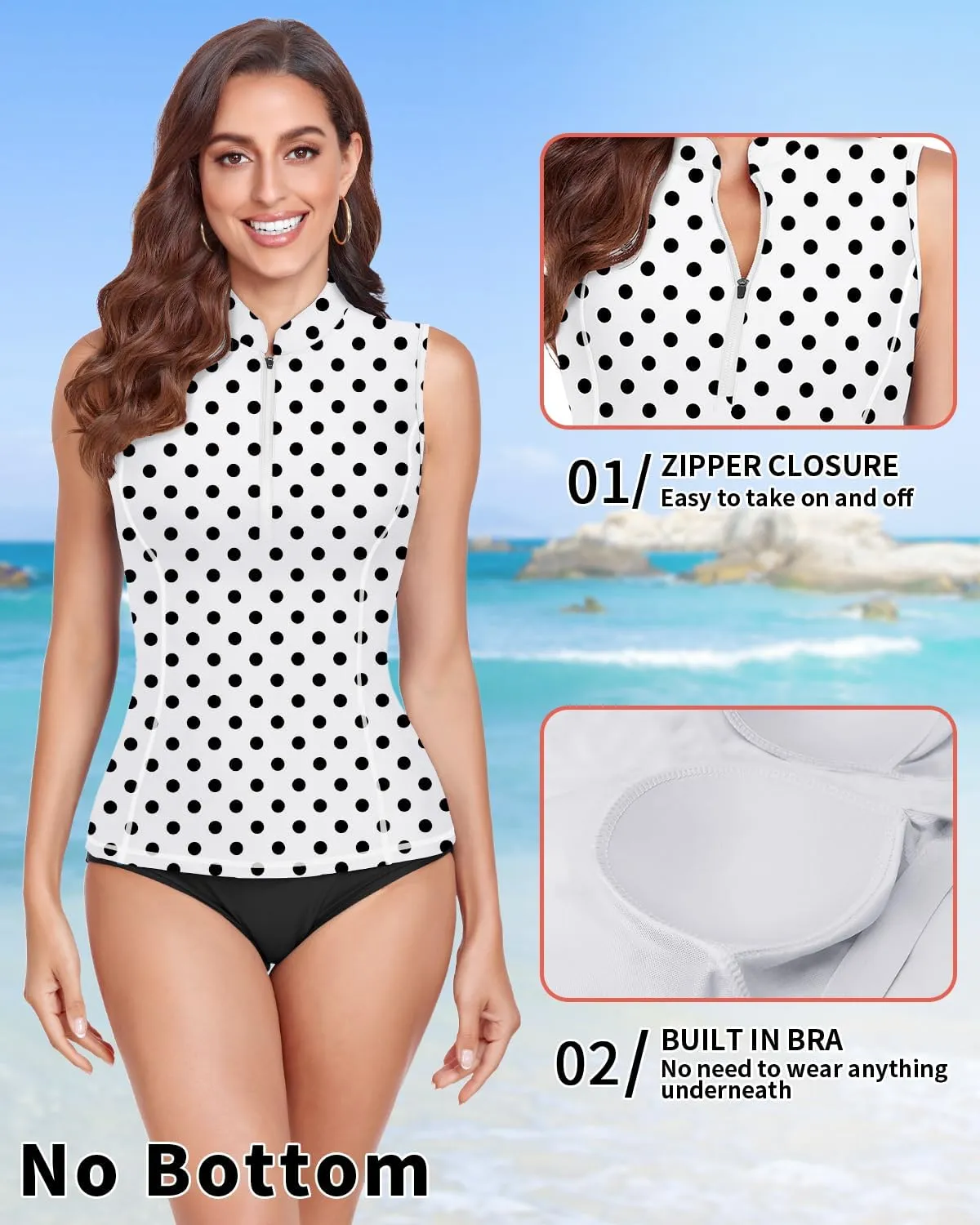 Women Rash Guard Tank Top Swim Shirts UV Sun Protection Surfing Swimsuits Top Zipper Bathing Suit Built in Bra No Bottoms