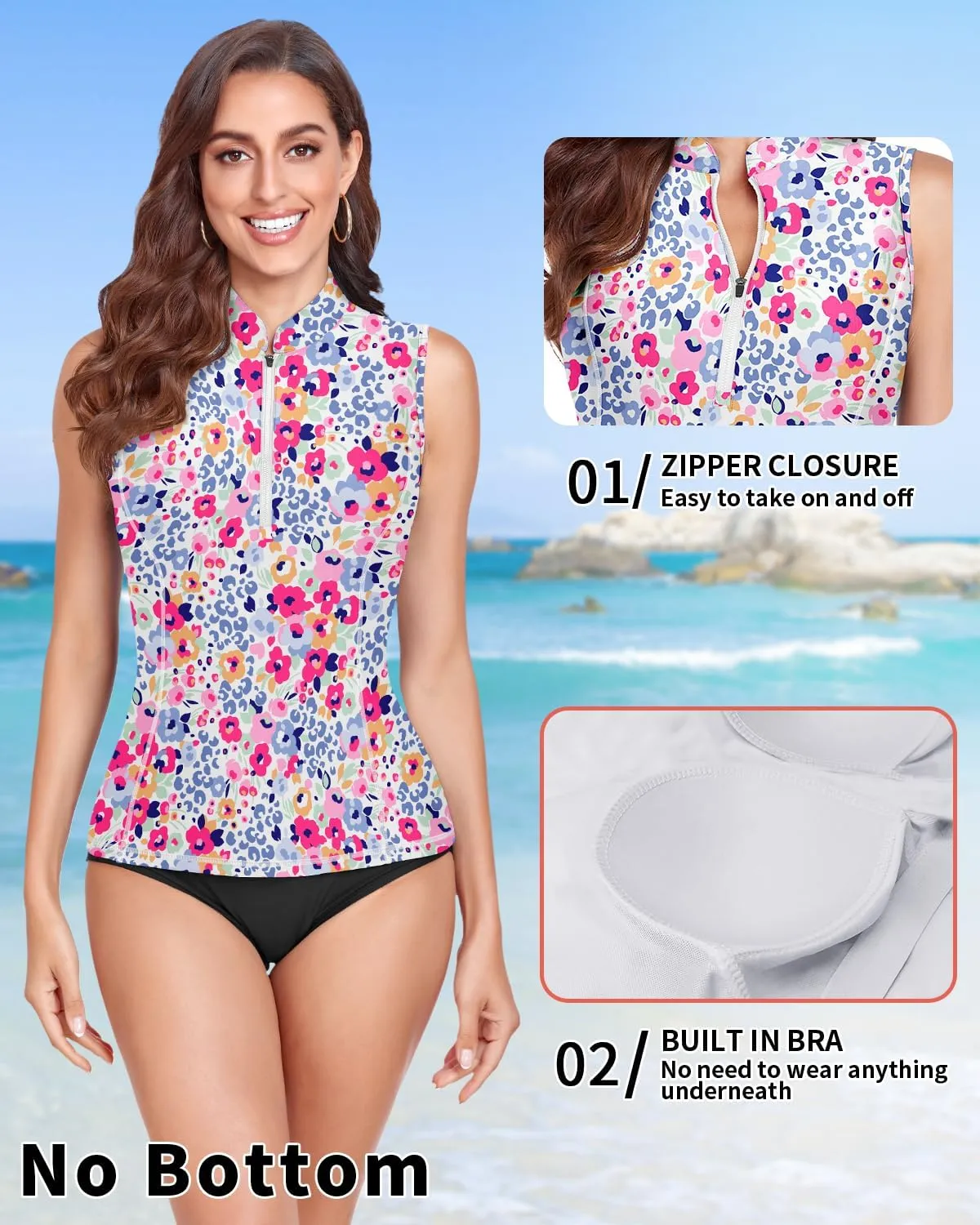 Women Rash Guard Tank Top Swim Shirts UV Sun Protection Surfing Swimsuits Top Zipper Bathing Suit Built in Bra No Bottoms