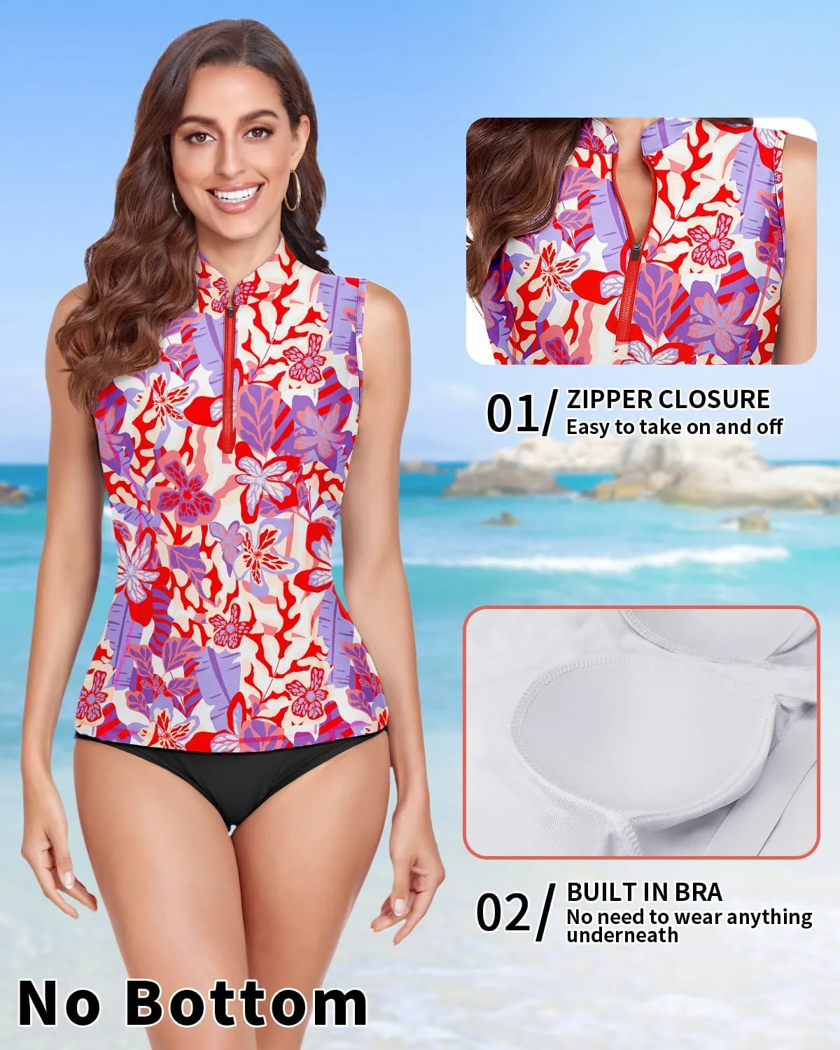 Women Rash Guard Tank Top Swim Shirts UV Sun Protection Surfing Swimsuits Top Zipper Bathing Suit Built in Bra No Bottoms