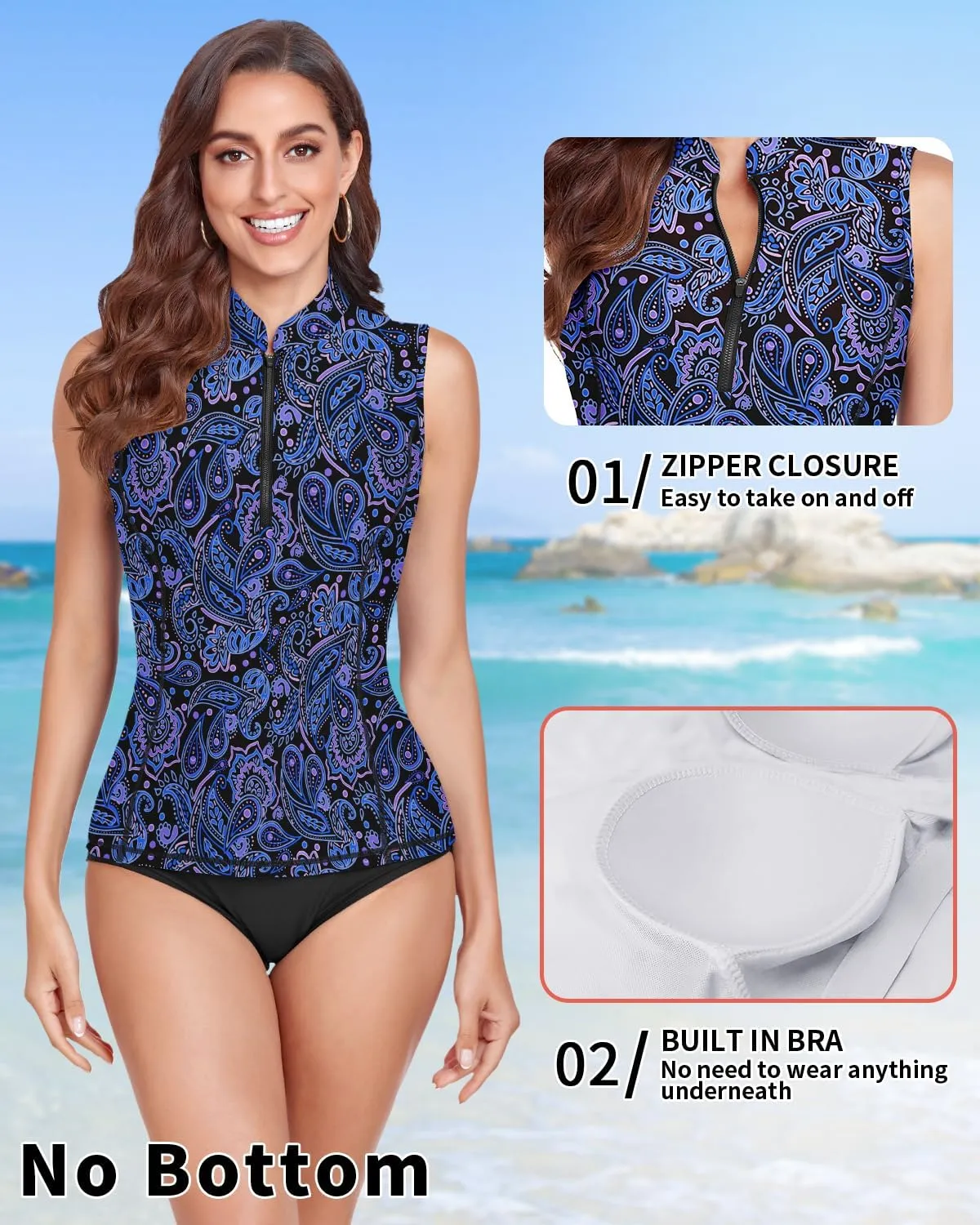 Women Rash Guard Tank Top Swim Shirts UV Sun Protection Surfing Swimsuits Top Zipper Bathing Suit Built in Bra No Bottoms
