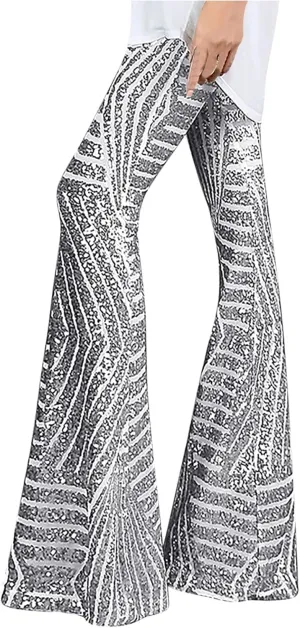 Women Sequin Bell Bottom Pants Glitter Sparkle High Waist Flared Wide Leg Shiny Trousers Night Out Clubwear