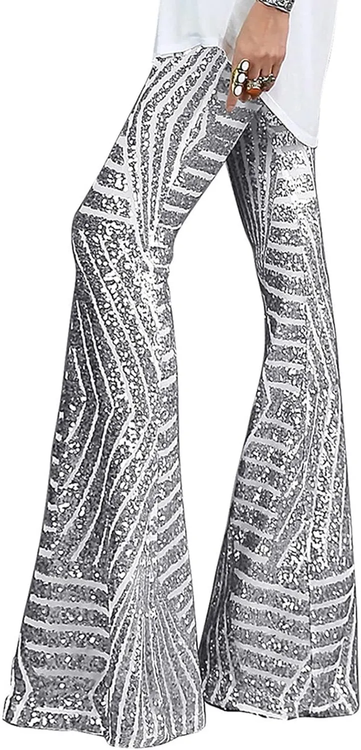 Women Sequin Bell Bottom Pants Glitter Sparkle High Waist Flared Wide Leg Shiny Trousers Night Out Clubwear