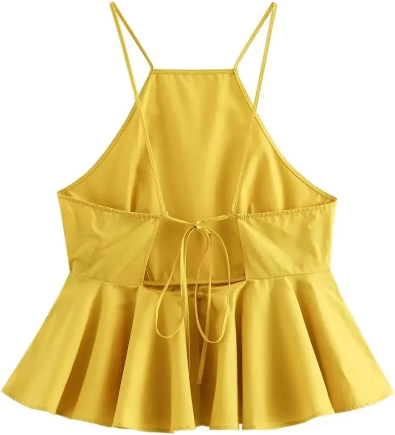Women Solid Color Backless Slim Camisole Casual Sleeveless Pleated Tank Crop Top