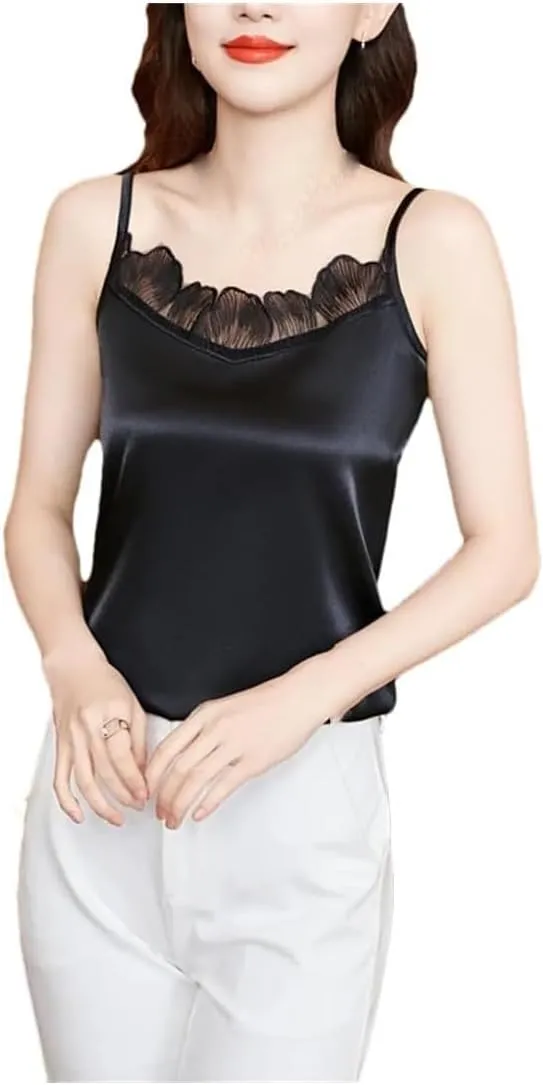 Women Vintage Blouse with Lace Detail V-Neck Camisole Polyester Tank Top