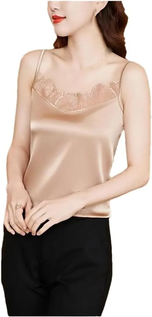 Women Vintage Blouse with Lace Detail V-Neck Camisole Polyester Tank Top