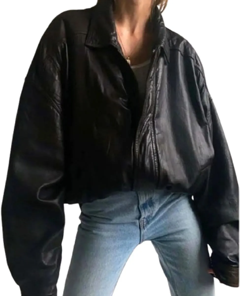 Womens 90s Oversized Bomber Jacket | Baggy Style Black Real Sheepskin Leather Jacket