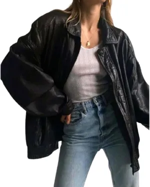 Womens 90s Oversized Bomber Jacket | Baggy Style Black Real Sheepskin Leather Jacket