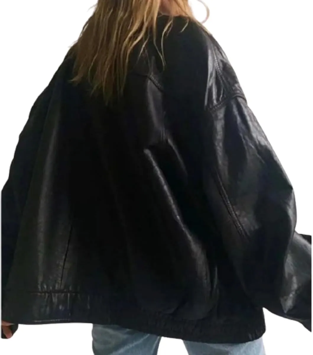 Womens 90s Oversized Bomber Jacket | Baggy Style Black Real Sheepskin Leather Jacket