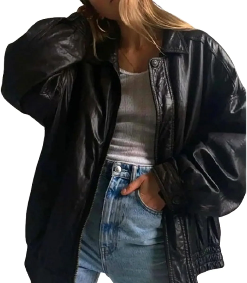 Womens 90s Oversized Bomber Jacket | Baggy Style Black Real Sheepskin Leather Jacket