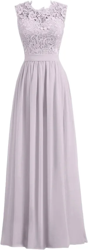 Women's A-line Lace Top Chiffon Bottom Wedding Party Bridesmaid Dress Long