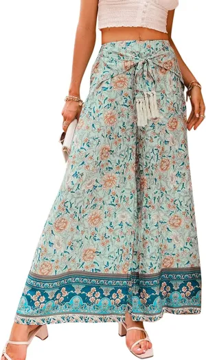 Women's Boho High Waisted Palazzo Pants Summer Beach Wide Leg Flowy Pants