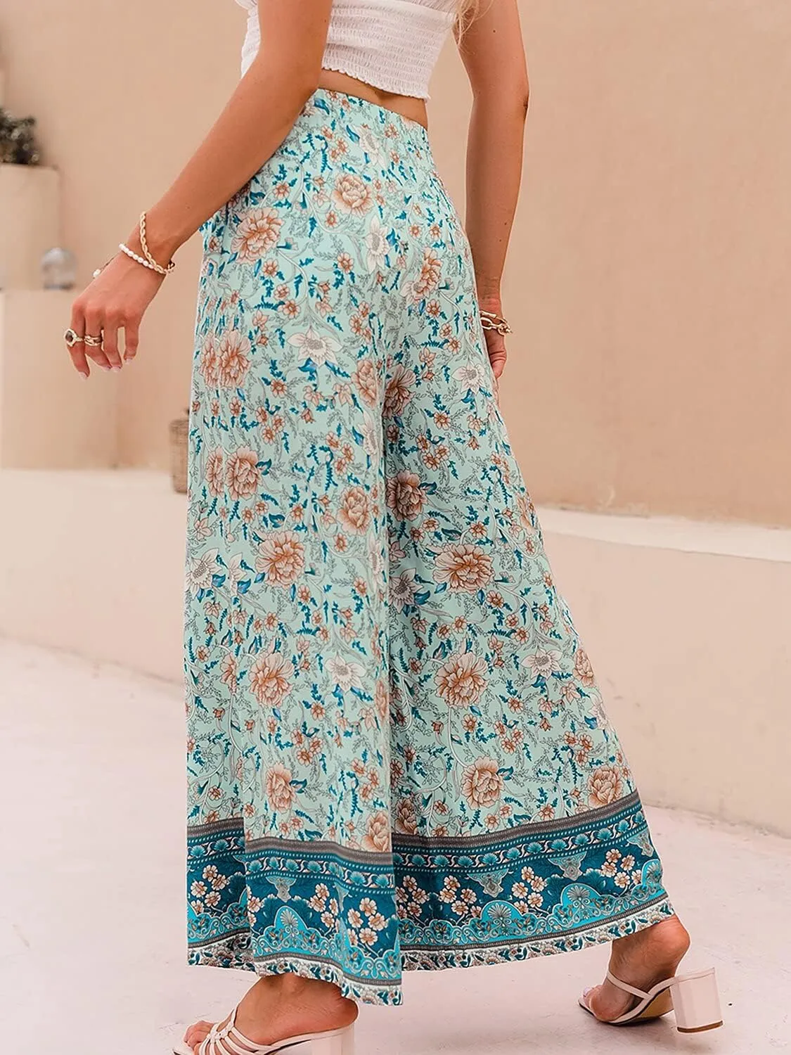 Women's Boho High Waisted Palazzo Pants Summer Beach Wide Leg Flowy Pants