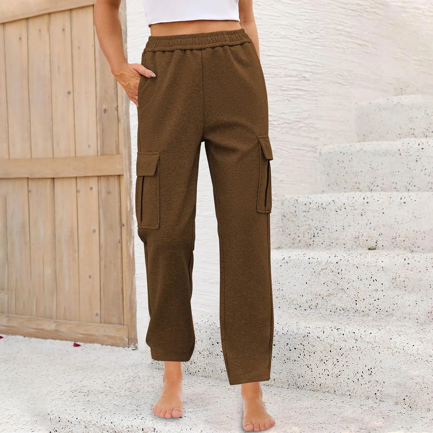 Womens Cargo Sweatpants Casual Elastic High Waist Joggers Pants 2024 Trendy Lounge Trousers with Pockets Fall Outfits