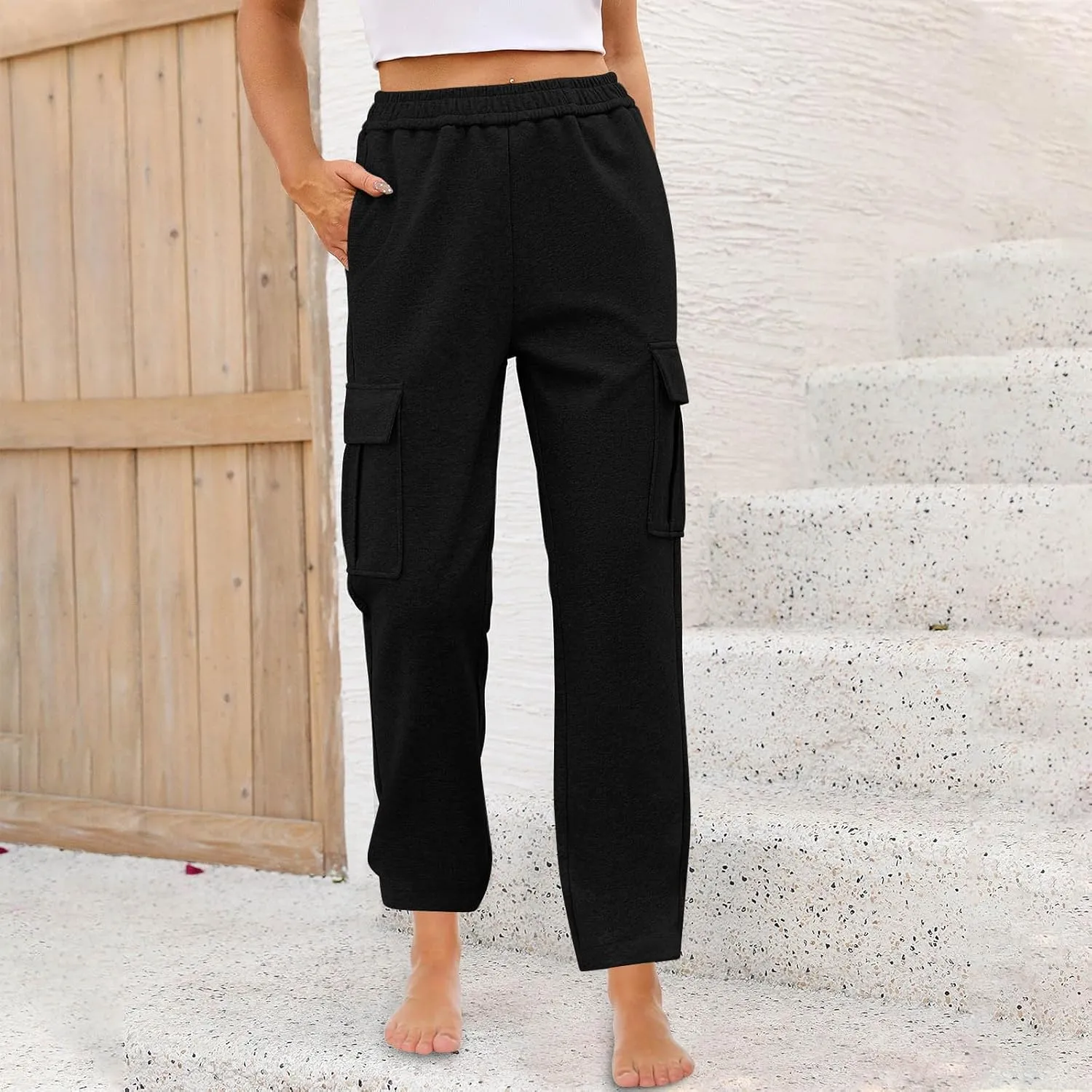 Womens Cargo Sweatpants Casual Elastic High Waist Joggers Pants 2024 Trendy Lounge Trousers with Pockets Fall Outfits