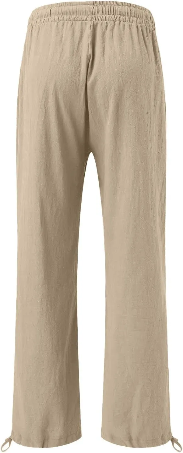 Women's Cotton and Linen Pants Dressy Loose High Waist Ruched Wide Leg Yoga Palazzo Pant Trousers with Pocket