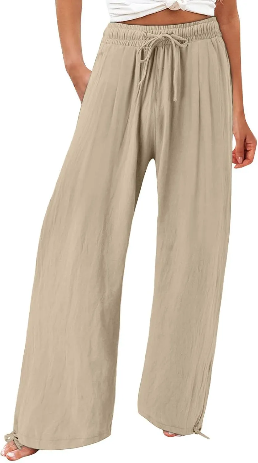 Women's Cotton and Linen Pants Dressy Loose High Waist Ruched Wide Leg Yoga Palazzo Pant Trousers with Pocket