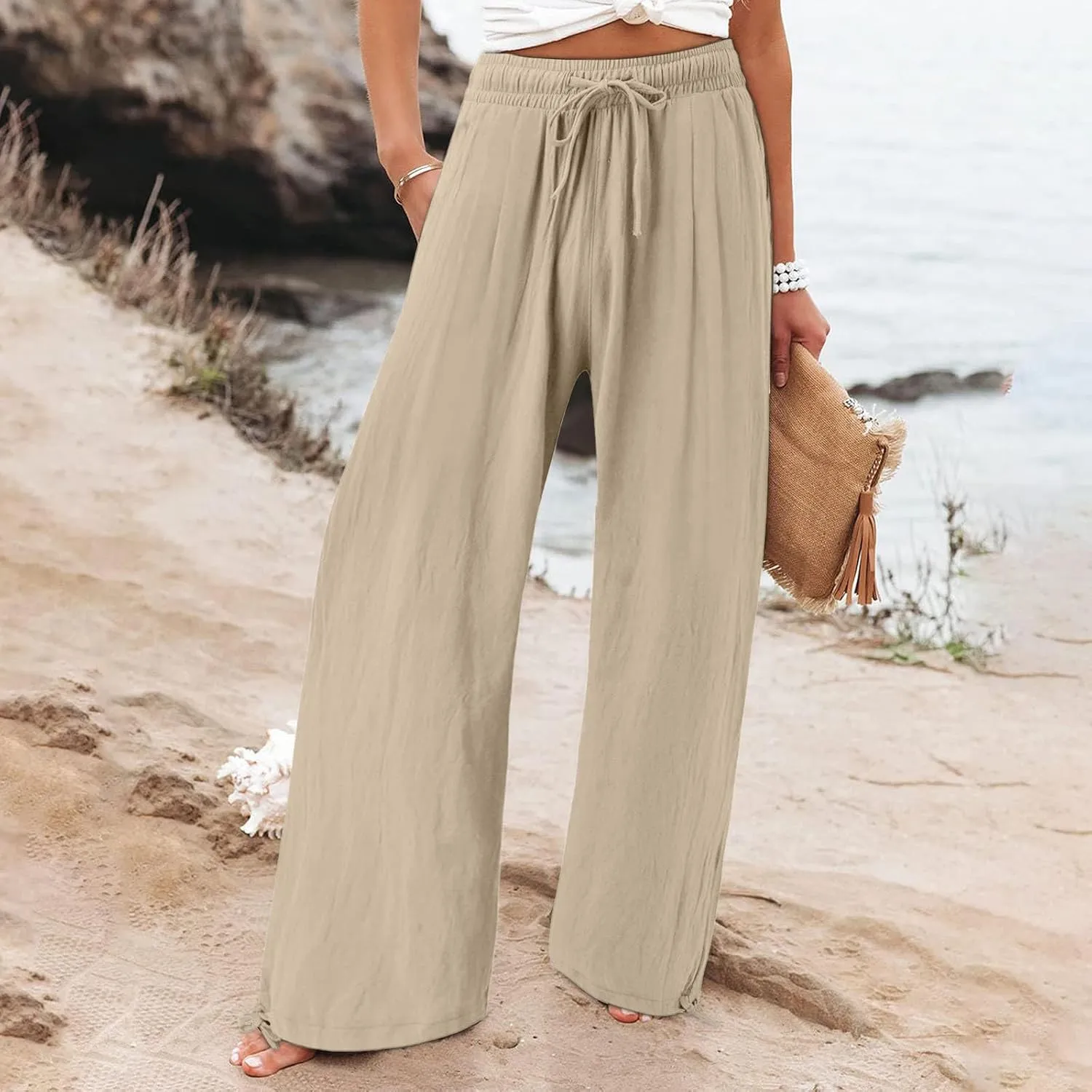 Women's Cotton and Linen Pants Dressy Loose High Waist Ruched Wide Leg Yoga Palazzo Pant Trousers with Pocket