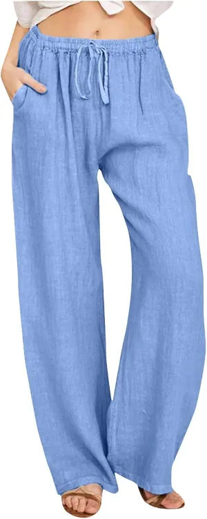 Women's Cotton and Linen Pants Dressy Loose High Waist Ruched Wide Leg Yoga Palazzo Pant Trousers with Pocket