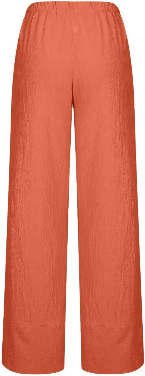 Womens Cotton Linen Cropped Pants Elastic High Waist Casual Trousers Soft Comfy Baggy Loose Fit Slacks with Pockets