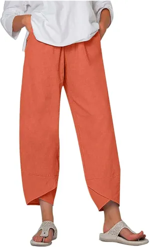 Womens Cotton Linen Cropped Pants Elastic High Waist Casual Trousers Soft Comfy Baggy Loose Fit Slacks with Pockets