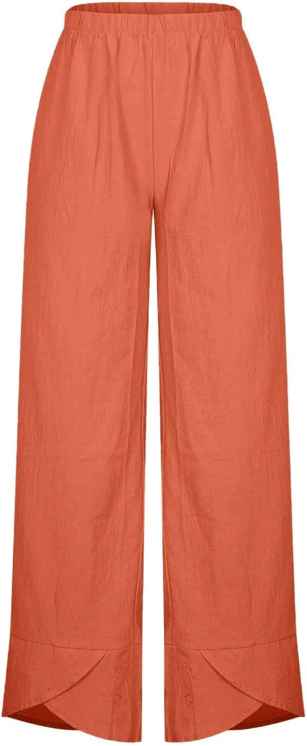 Womens Cotton Linen Cropped Pants Elastic High Waist Casual Trousers Soft Comfy Baggy Loose Fit Slacks with Pockets