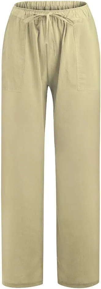 Womens Cotton Linen Summer Lightweigt Palazzo Pants High Waist Long Lounge Slim-Fit Pants Trendy