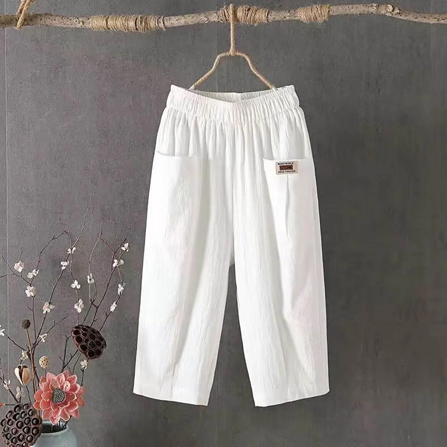 Women's Cotton Linen Summer Y2K Streetwear Palazzo Pants Elastic Waisted Bootcut Loose Fit Trouser Work Business