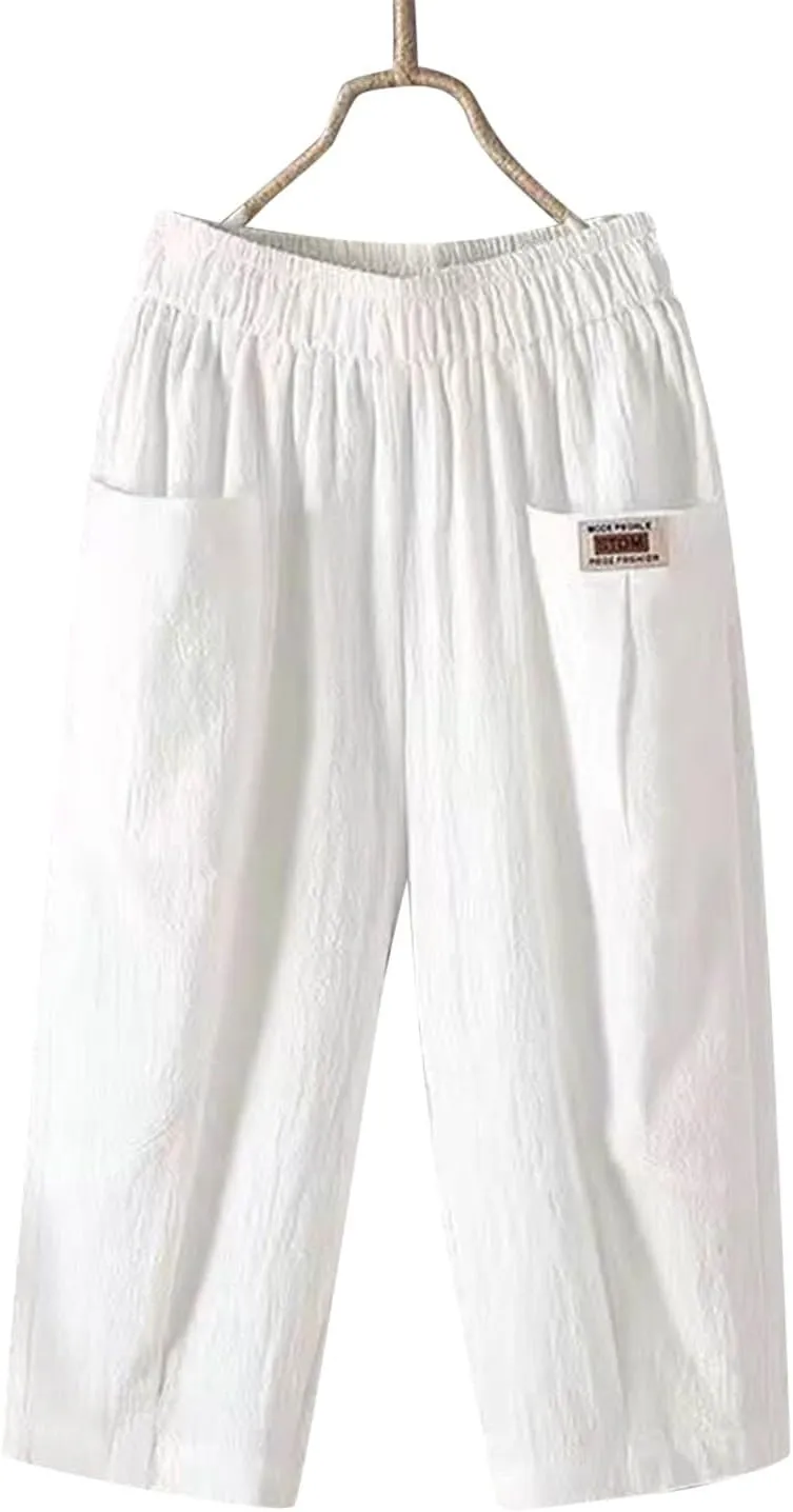 Women's Cotton Linen Summer Y2K Streetwear Palazzo Pants Elastic Waisted Bootcut Loose Fit Trouser Work Business