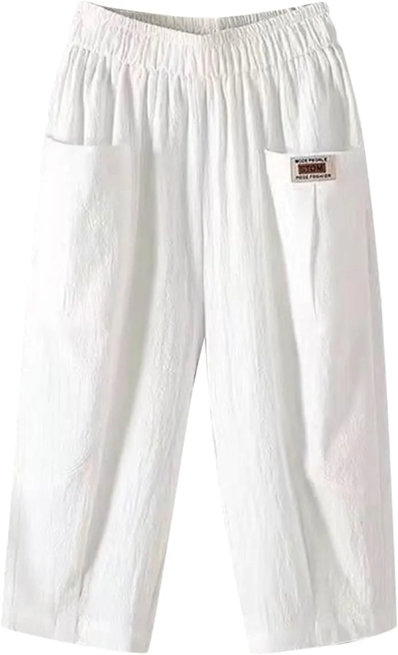 Women's Cotton Linen Summer Y2K Streetwear Palazzo Pants Elastic Waisted Bootcut Loose Fit Trouser Work Business